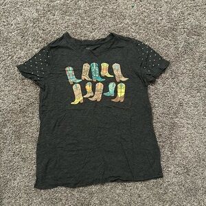 Cowboy Boot print T shirt. Rhinestones on shoulders. Size small.